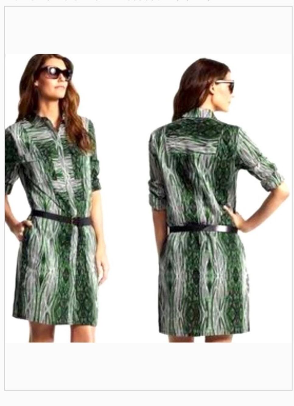 Derek Lam Wood Cotton Shirt Dress Green White Button Down Long Sleeve L New